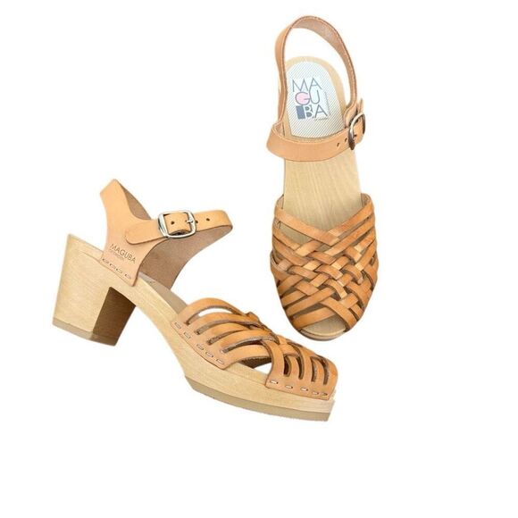 Maguba of Sweden Brown Leather Braided Wooden Heeled Clogs Size 37 = US 7 - 7.5 - Picture 1 of 10